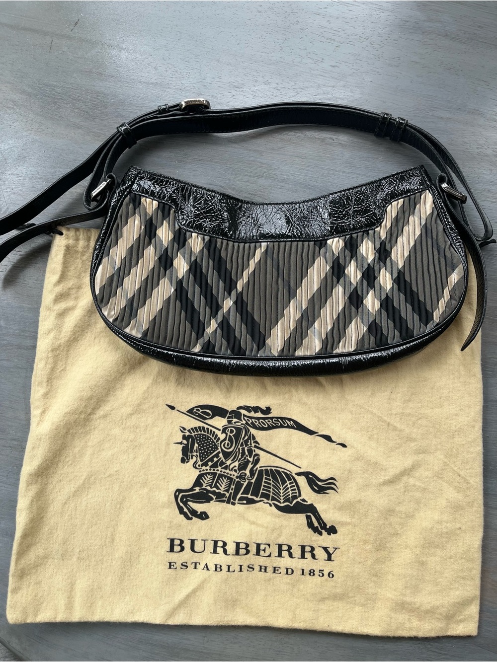 Authentic vintage Burberry Black and Beige Plaid Shoulder Bag with Patent Trim